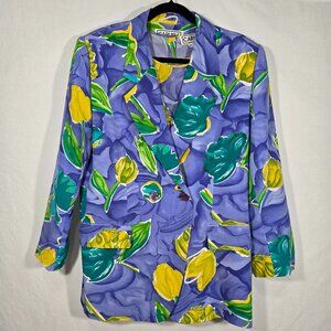 Vintage CARLISLE 80's Retro SILK Vibrant Purple TULIPS Blouse & Blazer Size 14.